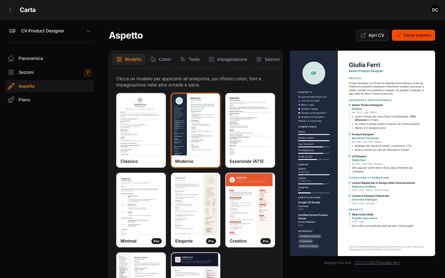Editor dell'aspetto di CV con la scelta del modello e l'anteprima live del CV in formato A4